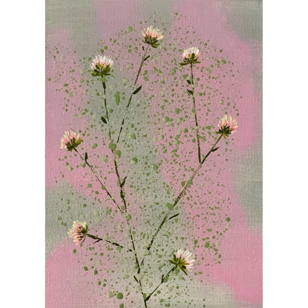 Pink Clover Acrylic Painting, 5 x 7, Artist Signed